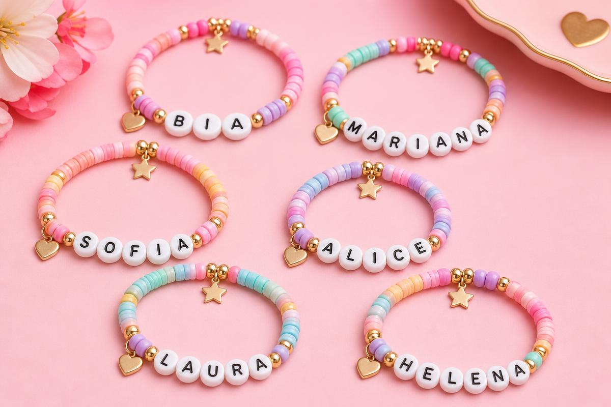 Pulseiras personalizadas com os nomes BIA, MARIANA, SOFIA, ALICE, LAURA e HELENA